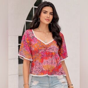 Rusttydustty Pink Floral Boho Blouse Large Lace Trim Peasant Top